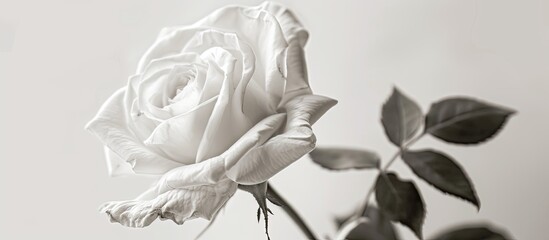 Aufkleber - A single, bright monochrome white rose blossom in high-key with fine art still life aesthetic against a white background, suitable for copy space image.