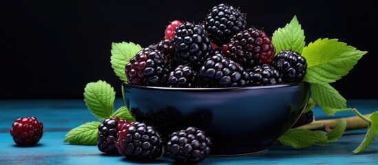 Poster - Vibrant blue and blackberries displayed on a dark background with copy space image, perfect for vegans and health-conscious individuals as a nutritious breakfast option.