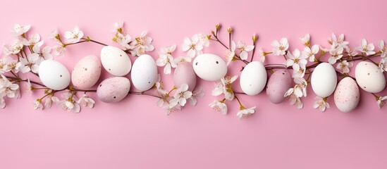 Wall Mural - Happy Easter! Easter eggs, delicate spring flowers, gypsophila, on pink background. Ideal for holiday-related designs with copy space image.