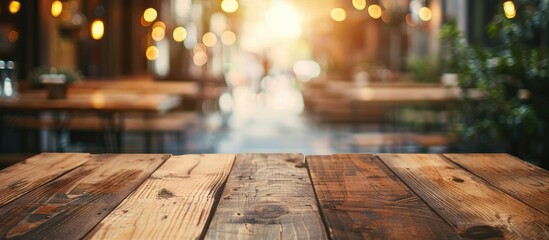 Poster - A wooden table set against a blurred cafe backdrop, suitable for showcasing products through a copy space image.