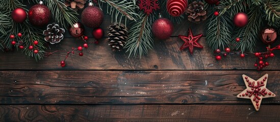 Poster - Festive Christmas background showcasing lovely decorations on a wooden backdrop for New Year and Christmas holidays with copy space image.