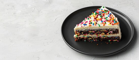 Sticker - Half-eaten birthday cake on a black plate against a white backdrop with a blank area for text or images.