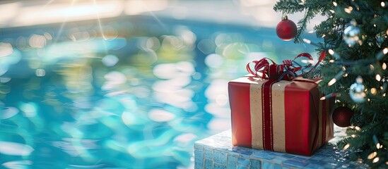 Poster - A gift box placed on a Christmas tree near a pool, with an empty space in the image for personalized text or designs.