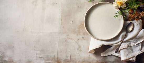 Aufkleber - Top view of a kitchen table adorned with empty plates and towels against a stone cooking background, offering ample copy space for images.