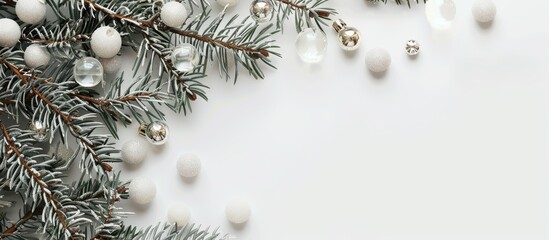 Poster - Fir branch adorned with glass balls on a white backdrop, suitable for a copy space image.