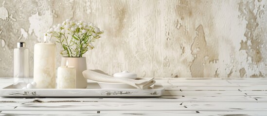 Sticker - White wooden table displays a tray set up for spa treatment with copy space image.