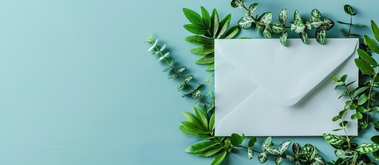 Fototapete - Spring-themed background featuring a white envelope adorned with green plants on a blue backdrop, with ample copy space image.