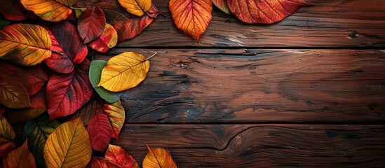 Poster - Autumn leaves in various colors on a wooden backdrop with room for a copy space image.