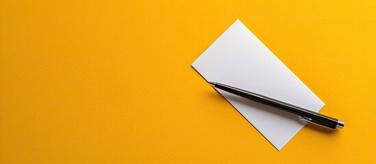 Wall Mural - Elegant pen resting on a vibrant yellow background with a white business card mockup, ideal for business branding design with copy space image.