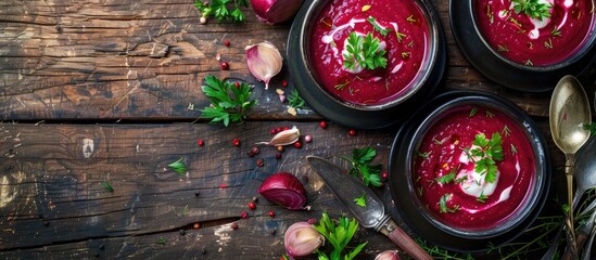 Canvas Print - Beet cream soup as the first meal on a rustic table with a copy space image of food in a top view background.