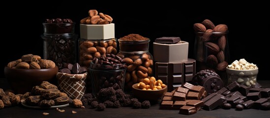 Leinwandbilder - Diverse chocolate displayed in various containers on a black and brown background alongside a copy space image.