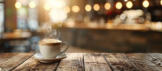 Aufkleber - A steaming latte placed on a rustic wooden table in a cozy cafe setting with a copy space image available.
