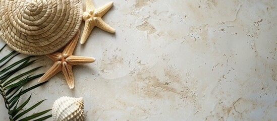 Poster - Beach holiday theme captured in a top view flat lay image with a starfish on light sandy texture, emphasizing a summer concept with ample copy space.