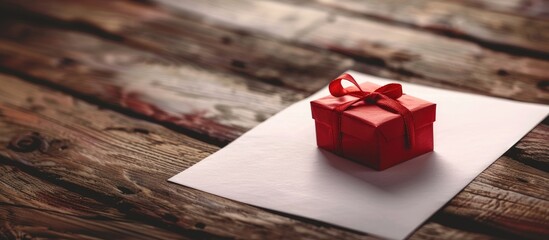 Aufkleber - Wooden table with a red gift on a sheet of paper, copy space image.