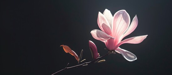 Sticker - A pink magnolia blossom with white gradient placed among individual petals and leaves against a dark background, ideal as a backdrop for spring magnolia - perfect for a copy space image.