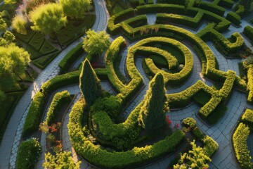 Canvas Print - Circular garden with maze from above, An aerial view of a labyrinth garden, AI generated