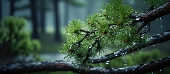 Aufkleber - Pine tree with raindrop-covered needles in a serene forest setting, perfect for a copy space image.