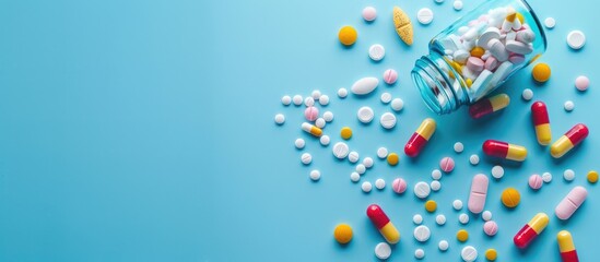 Wall Mural - Top view of various colored pills, tablets, and capsules in a bottle on a blue background with copy space image available.