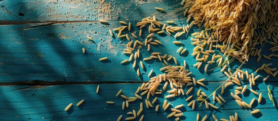 Canvas Print - Top-down perspective of dried paddy rice on a blue wooden surface, offering room for text or design in a copy space image.