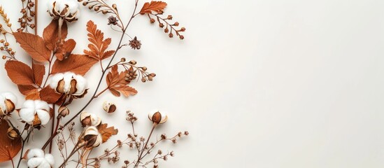 Aufkleber - Autumn-themed arrangement with cotton flowers and dried leaves on a white background, emphasizing the fall season. Top view with ample copy space image.