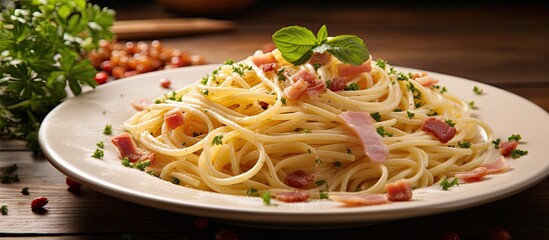 Poster - Image of Spaghetti Carbonara with ham and bacon on a plate, set on a wooden table, with a background designed for adding text or other elements.