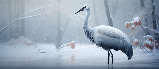 Poster - Grus japonensis in a winter setting with a natural snowy backdrop, creating a serene and peaceful atmosphere for the observer, with ample space for customizable text or graphics.