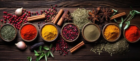 Sticker - Colorful spices arranged on a wooden table with space for text, as seen from above in a copy space image.