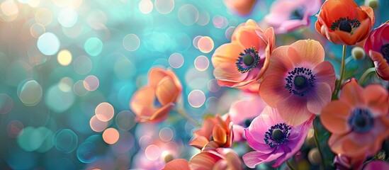 Fototapete - An isolated banner featuring vibrant anemone flowers against a blue bokeh background with copy space image.