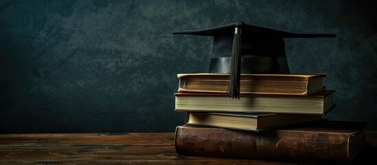 Poster - On a dark background, a graduation hat along with books is placed elegantly on a table, creating a visually appealing composition with copy space image.