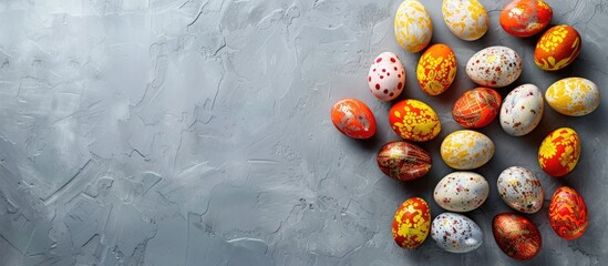 Canvas Print - An overhead view of Easter eggs arranged beautifully with space for text, creating a stylish copy space image.