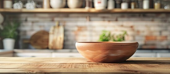 Aufkleber - A wooden table showcasing an empty clay bowl, with ample copy space image for product display on a kitchen countertop.
