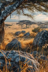 Poster - A single elephant standing under a tree in a grassy field