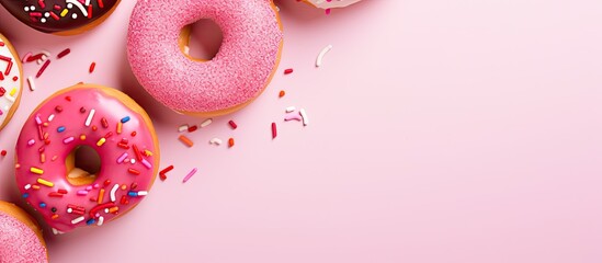 Poster - Top view of donuts with sprinkles on a pink background, highlighting the concept of sugar, calories, and homemade sweets with ample copy space image.