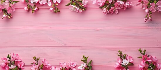 Aufkleber - Pink wooden background adorned with a border of lovely spring flowers, providing a flat lay view with available copy space image.