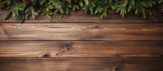 Poster - Wooden board background showcasing a Christmas fir tree with ample space for additional content or text, known as a copy space image.