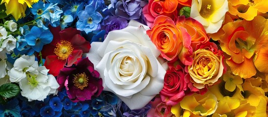 Poster - Background of various colored flowers, including a white rose, with copy space image.