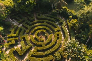 Canvas Print - Aerial view of circular garden with maze, An aerial view of a labyrinth garden, AI generated