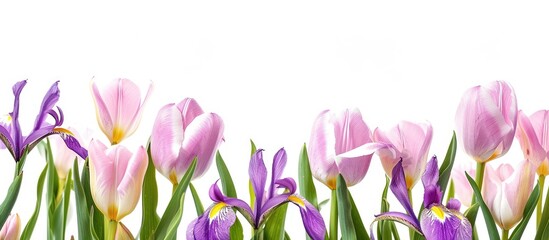 Sticker - Close-up of pink tulips and iris flowers with copy space image on a white background.