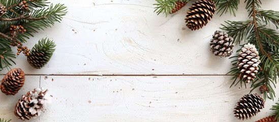 Aufkleber - A festive background featuring Christmas decorations, like pine and cypress cones with twigs, set on a white wooden table with ample copy space image.