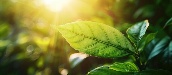 Aufkleber - Close-up view of a green leaf in sunlight, with natural plants as a background. Great for wallpaper or copy space image.