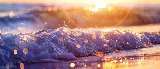 Poster - Abstract bokeh background of a sunset beach with waves and sunlight reflecting on the water, creating a serene summer scene with copy space image.