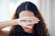 © AzeemudDeen/peopleimages.com - Hand, woman and hashtag to stop sexual harassment, abuse and fight for equality in human rights. Attention, change and girl in social media protest for gender violence, me too revolution and truth