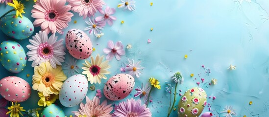 Poster - Easter celebrations depicted with festive floral arrangements and colorful eggs on an Easter-themed background with ample copy space for customization.