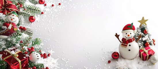 Poster - Christmas and New Year greetings with Santa Claus, a snowman doll, and a Christmas tree on a white background, a festive scene with room for text or images.