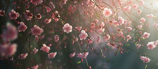 Sticker - Pink sakura flowers and willow branches against a natural backdrop make for a beautifully serene copy space image.