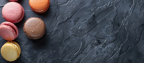 Poster - Sweet macarons displayed on a textured black concrete surface viewed from above, featuring an empty area for text or other content within the image.