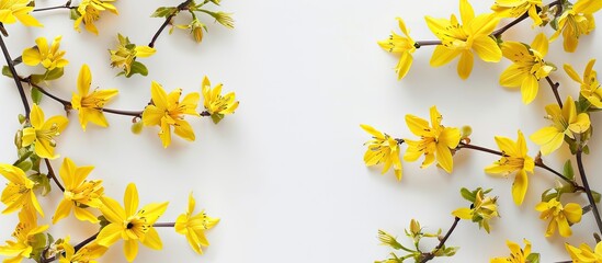 Poster - A square border frame featuring yellow forsythia flowers on a white backdrop with copy space image.