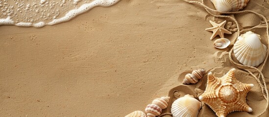 Aufkleber - A summer-themed scene featuring a sandy beach, seashells, and string, suitable for use as a background for text or other elements, with copy space image.