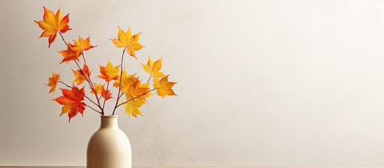 Poster - Minimalist autumn concept with a vase containing maple leaves, focused on the arrangement with a copy space image.