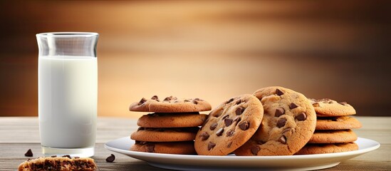 Poster - Delicious chocolate chip cookies on a white plate with milk bottles, against a simple background, creating an inviting copy space image.